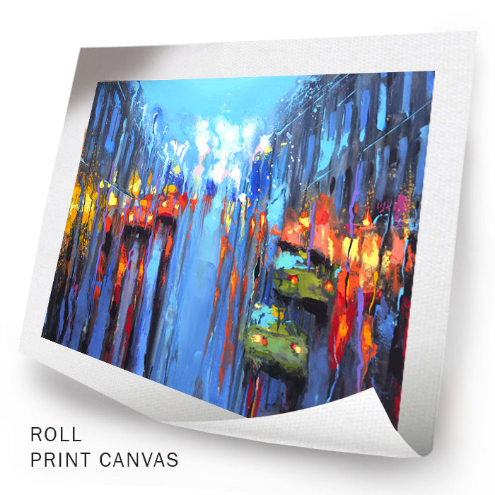 Unframed abstract rainy city painting with neon colors