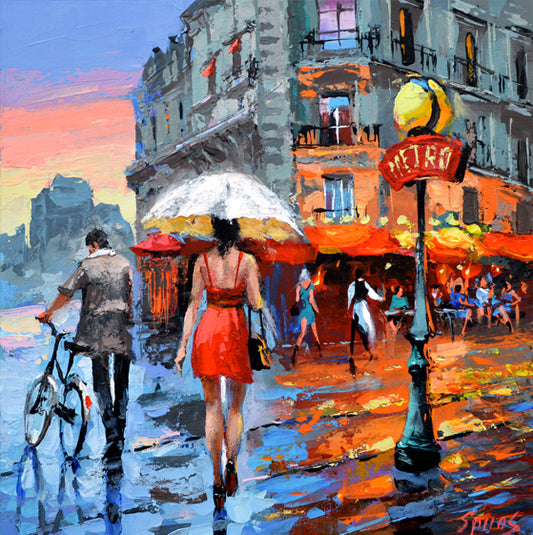 Rainy city street painting with warm evening lights and reflections