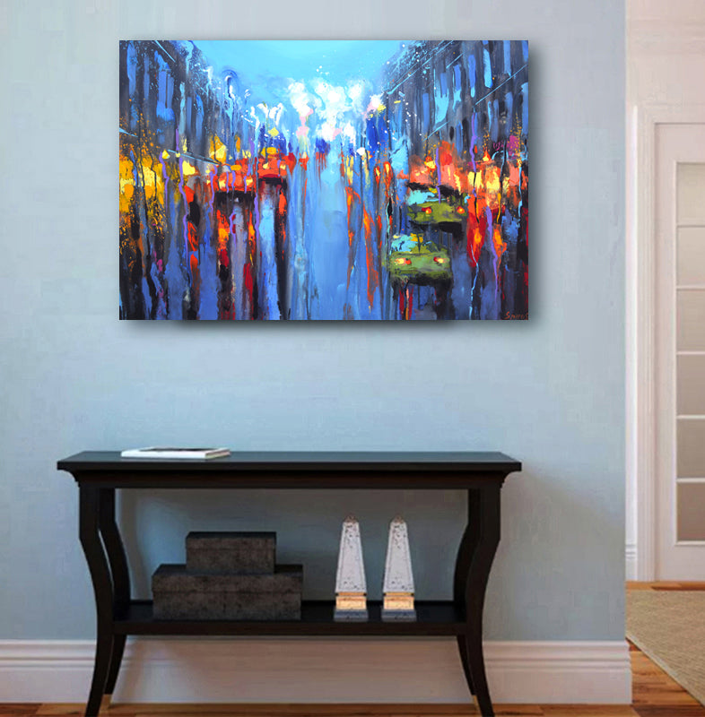 Neon rainy city painting displayed in modern interior