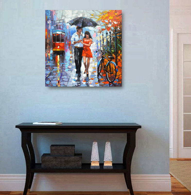 Rainy romantic city painting displayed in home interior