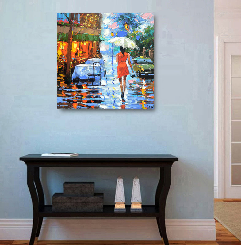 Rainy romantic city painting displayed in home interior