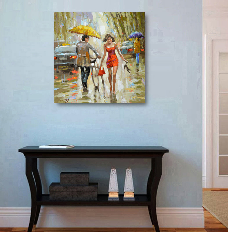 Rainy city street painting displayed in modern home interior