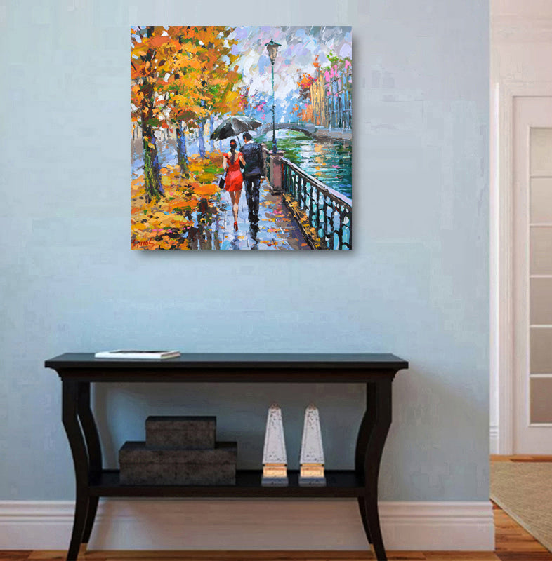 Rainy cityscape wall art displayed in a modern interior, adding calm and atmospheric character