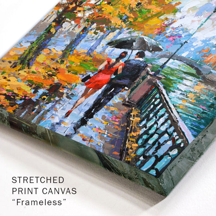 Close-up canvas corner detail highlighting texture, layered paint, and reflective rainy tones