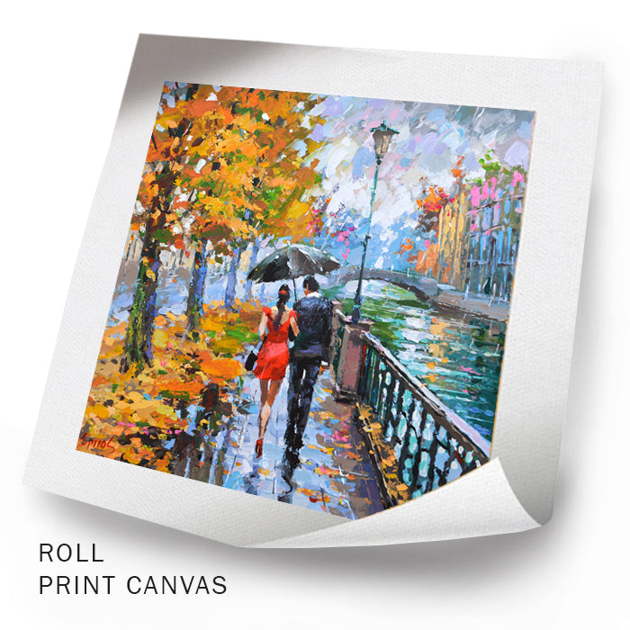 Unframed cityscape canvas artwork with rainy street atmosphere and expressive brushwork