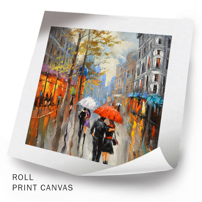 Unframed rainy autumn city painting with couple walking
