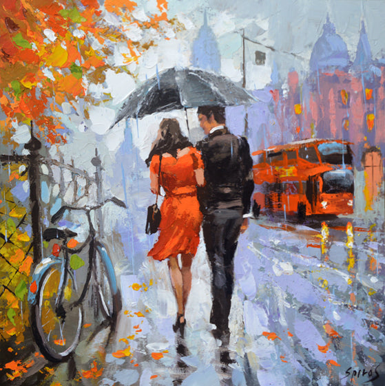 City street painting with gentle rain and evening lights