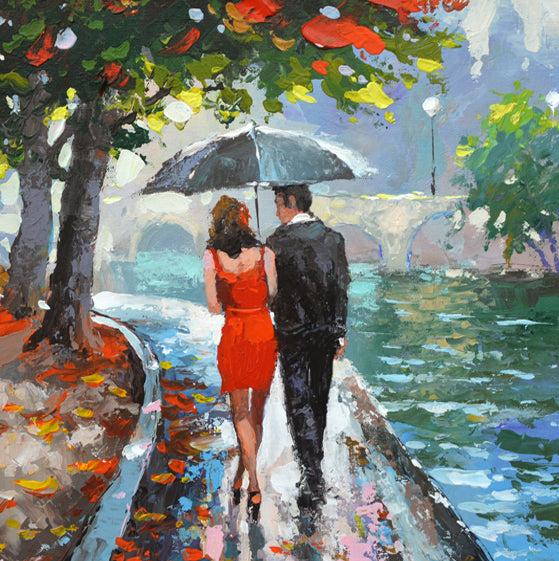 Romantic painting of couple walking by the river on a rainy day