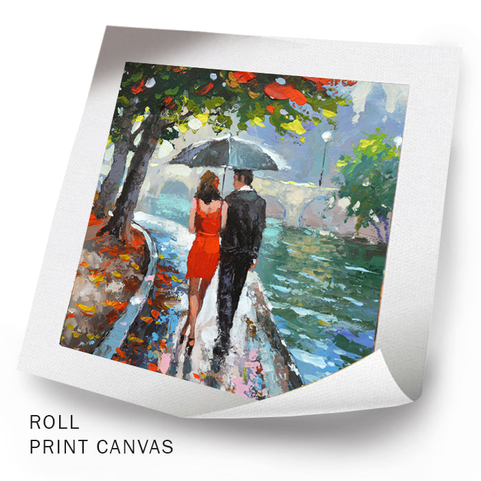 Unframed rainy city painting with couple near the river