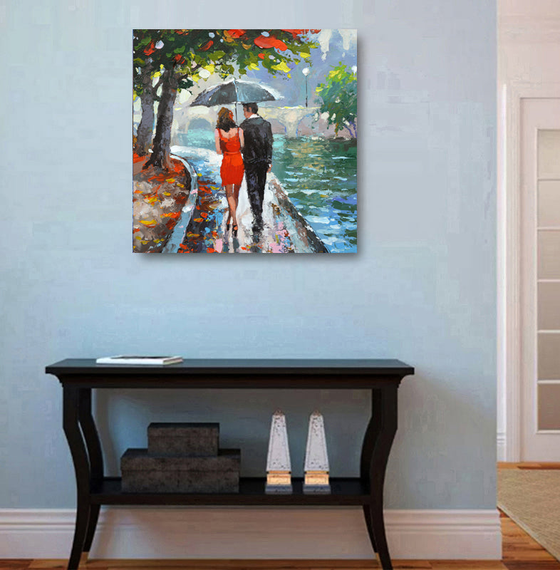 Rainy river couple painting displayed in modern home interior