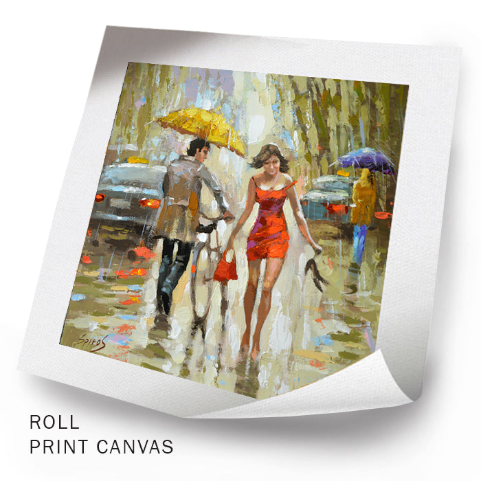 Unframed rainy city street painting with umbrellas