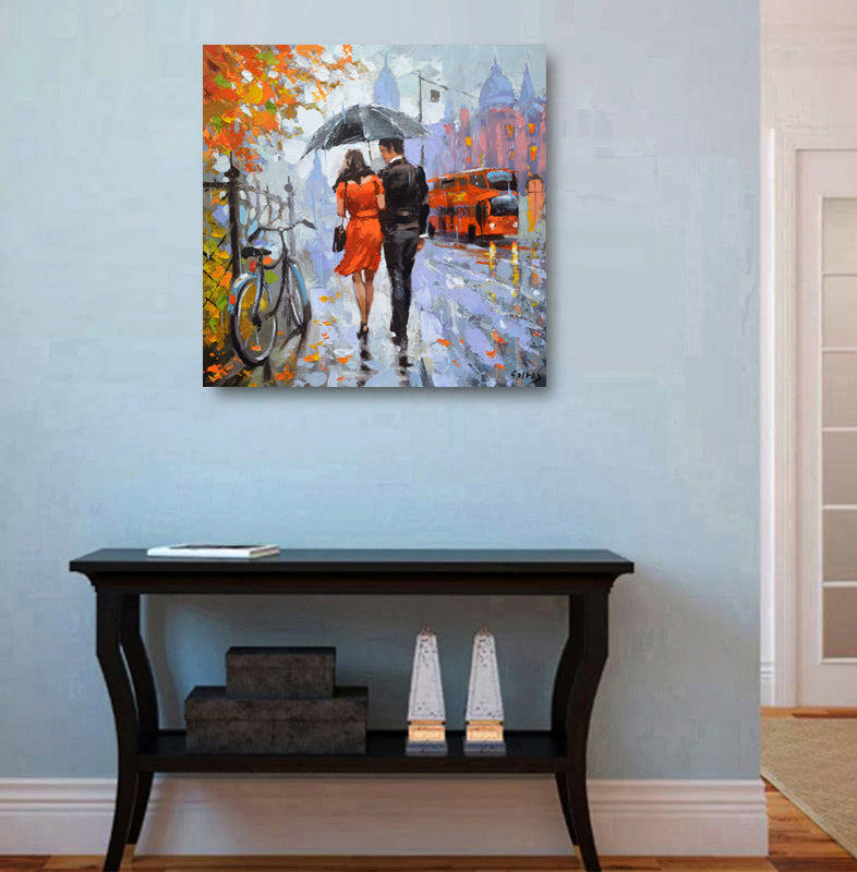 Rainy evening city painting displayed in modern home interior