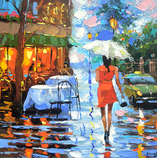 Rainy Cityscape woman with umbrella near the evening cafe