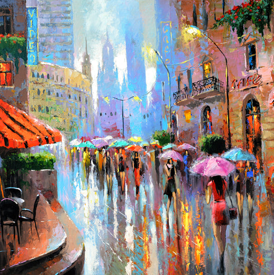 rainy cityscape with people painting