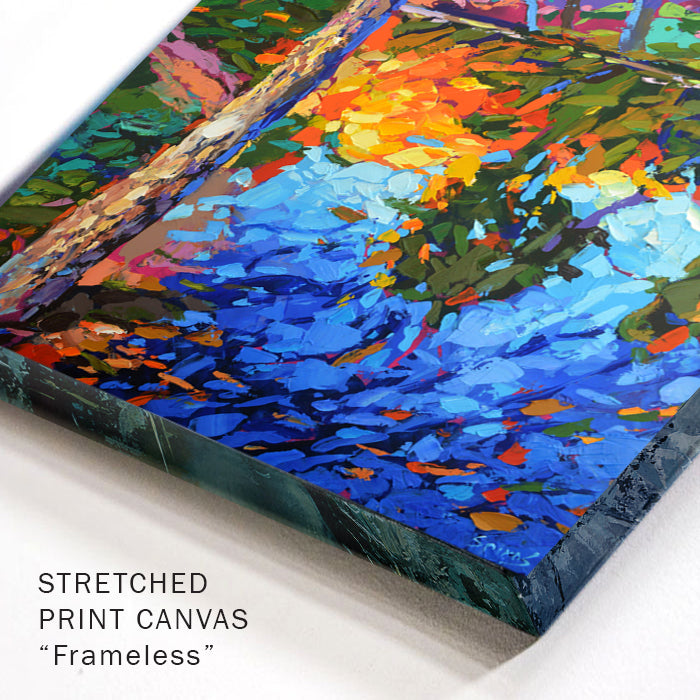 Close-up detail of the canvas corner highlighting layered paint, texture, and autumn color transitions