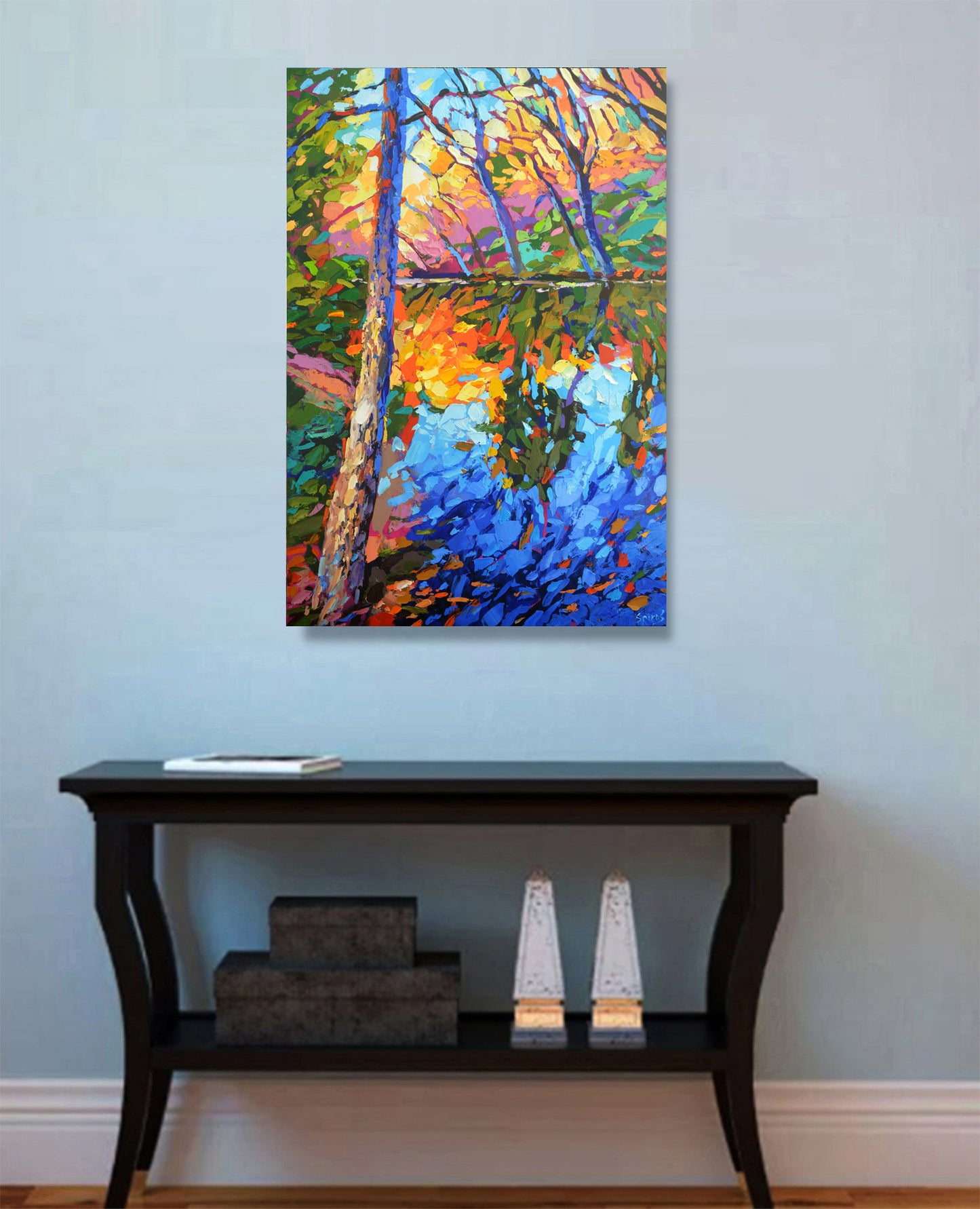 Autumn landscape wall art displayed in a modern home interior, adding warmth, color, and a calm natural accent