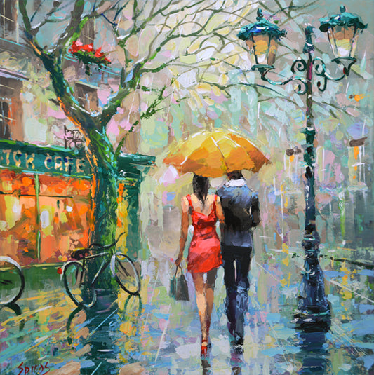 Romantic autumn rain painting of a couple under an umbrella by Dmitry Spiros