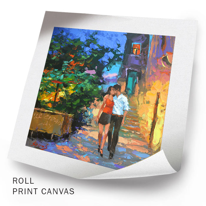 Unframed romantic street painting with kissing couple