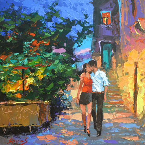 Painting of couple kissing on evening city street