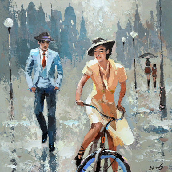 Romantic city street painting with couple saying goodbye