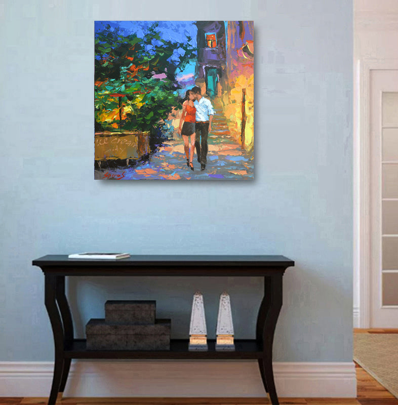 Romantic couple street painting displayed in modern home interior