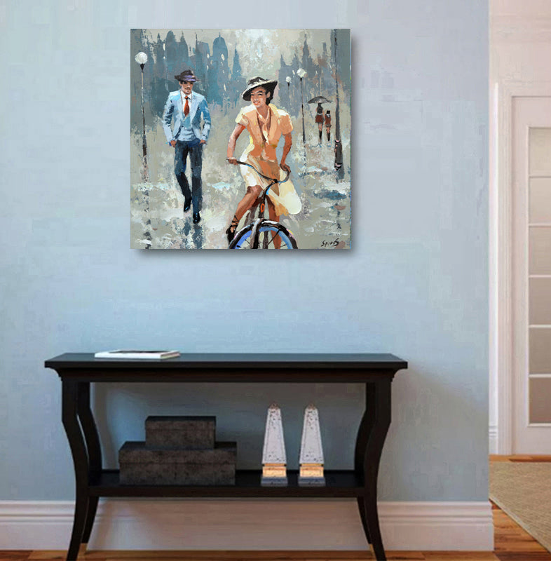 Romantic evening street painting displayed in home interior