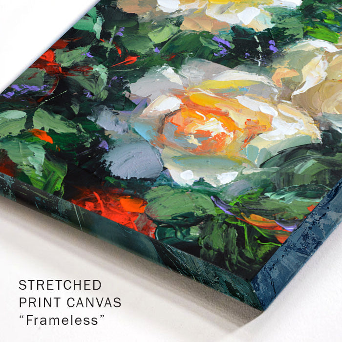 Close-up detail of the canvas corner highlighting layered brushstrokes, texture, and floral color depth