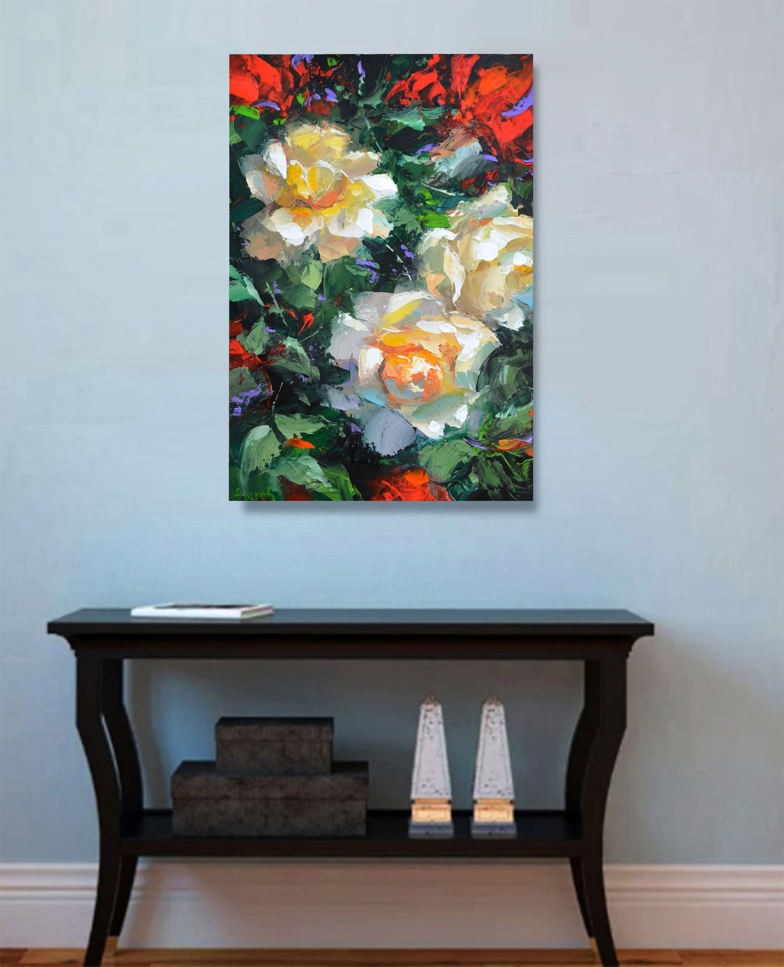Floral wall art displayed in a modern interior, adding elegance, warmth, and artistic charm to home decor