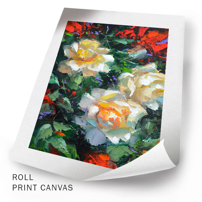 Unframed floral canvas artwork showing textured paint, layered colors, and expressive floral composition