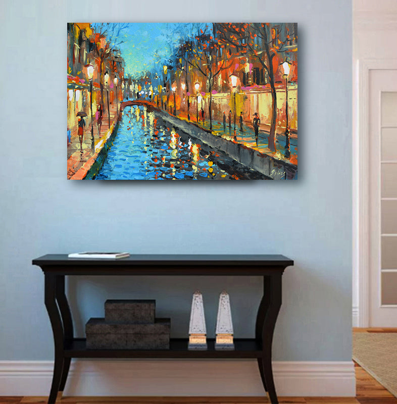 cityscape painting with a river in the middle