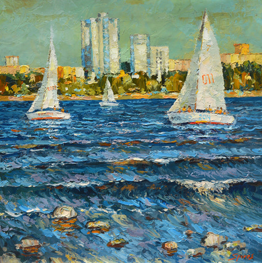 Volga river cityscape with boats