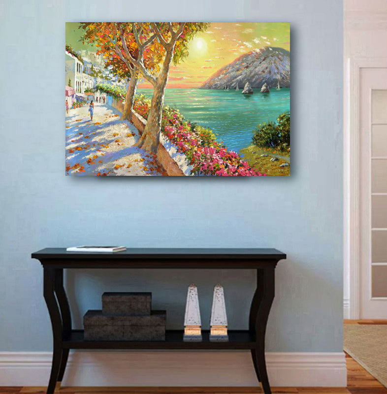 Evening seascape painting of a calm sea bay with soft sunset light, tranquil water reflections, and a peaceful coastal atmosphere