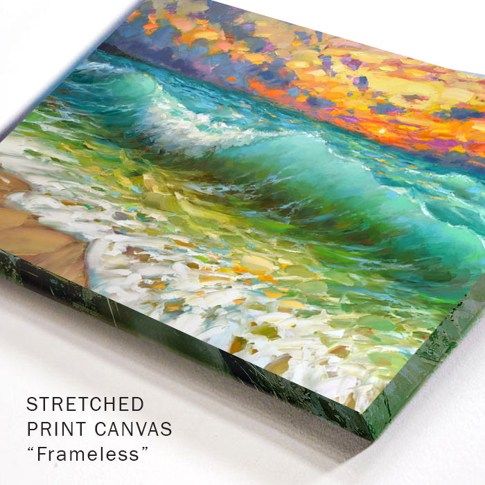 Close-up canvas detail of seascape painting with visible texture