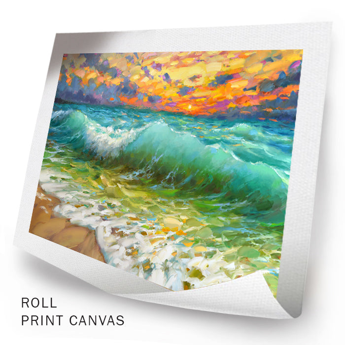 Unframed seascape painting showing ocean waves and beach scene