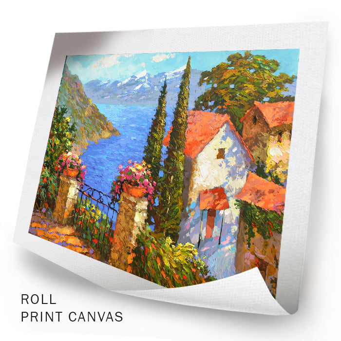 Unframed coastal village painting with sea and mountains