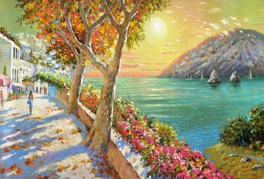 Seascape painting with mountains at sunset and a winding path leading toward the sea, warm colors and serene atmosphere