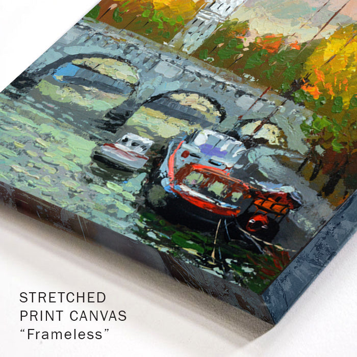 Paris Seine River Romantic French Cityscape painting inspired by Parisian day. Romantic French cityscape artwork with iconic red windmill and evening atmosphe