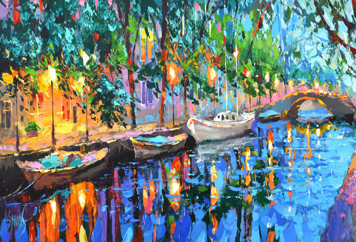 Night Amsterdam cityscape with boats painting