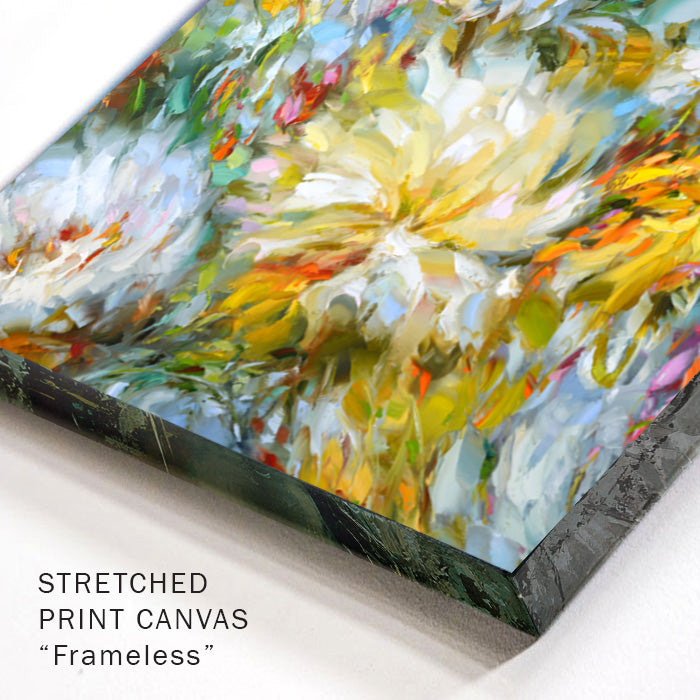 Close-up corner detail highlighting layered paint, texture, and abstract color transitions