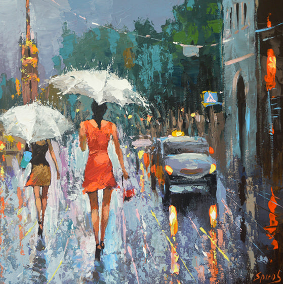 Summer evening city street painting with warm rain and lights