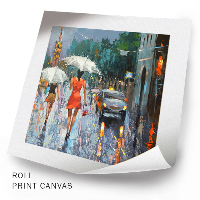 Unframed summer evening city painting with rain