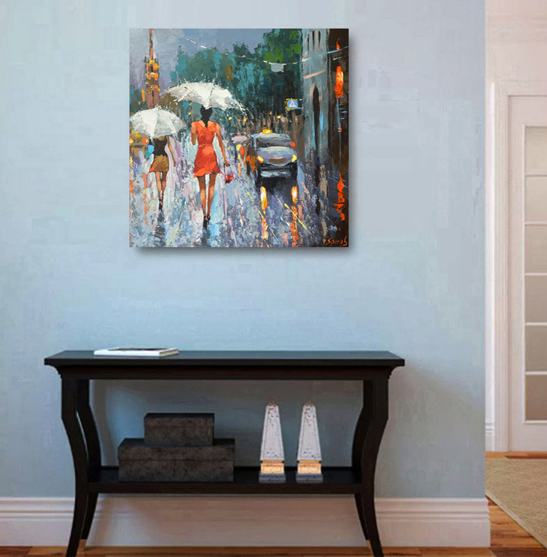 Summer evening rain city painting displayed in home interior