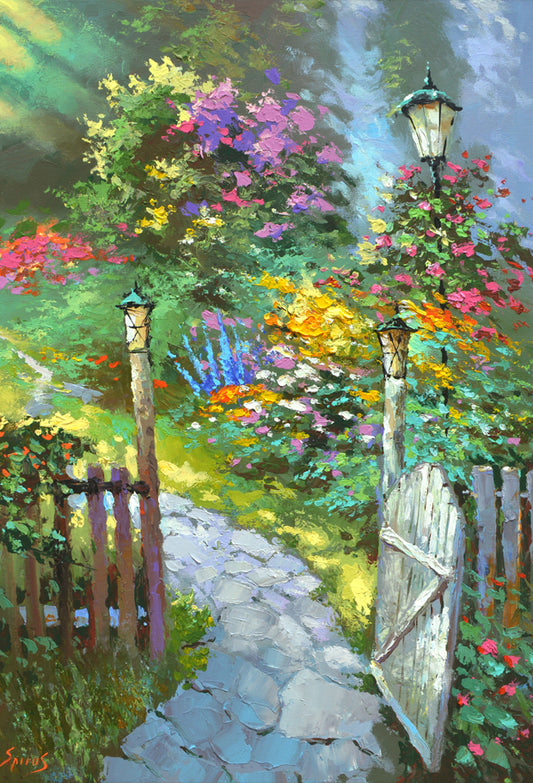 painting Corner Flower garden gate among the overgrown garden and the heady aroma of lilac