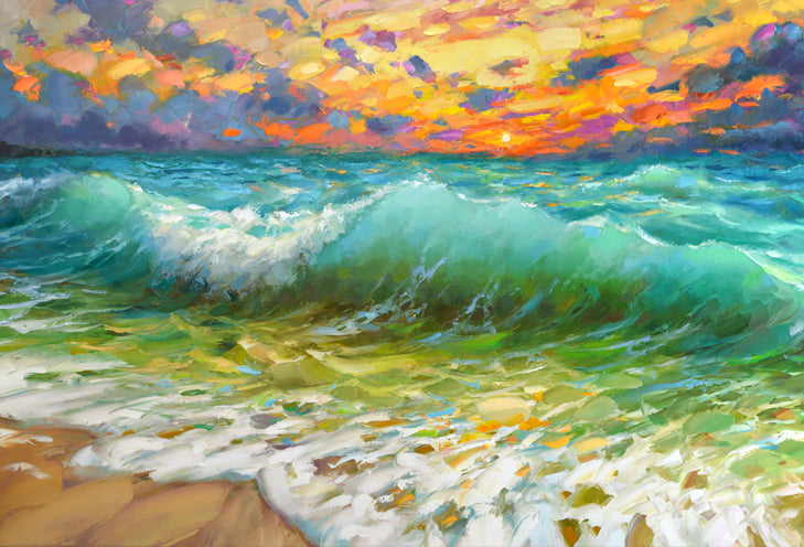 Sunset seascape painting with ocean waves and beach under warm sky