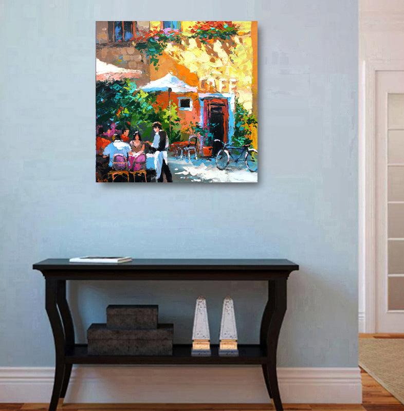 Old tavern street painting displayed in home interior
