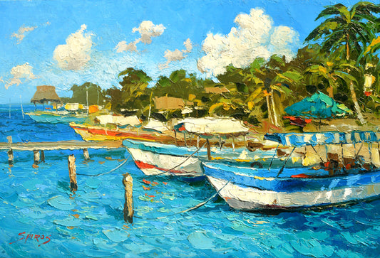 Mexico Isla mujeres fish boats caribbean seascape painting