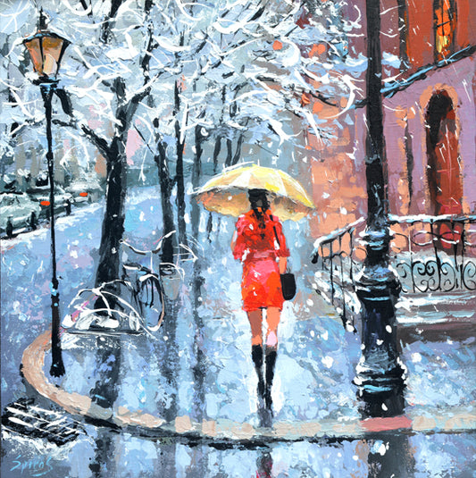 cityscape winter woman red dress under yellow umbrella painting