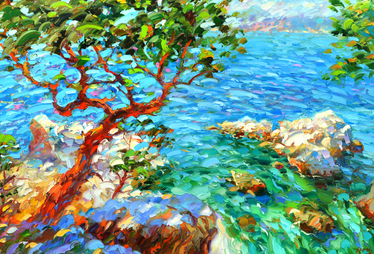 Seascape with pines at the rocks ocean view painting