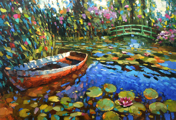 boat at the Monet pond with waterlillies painting
