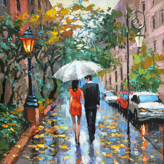 cityscape couple under white umbrella rainy city at autumn painting